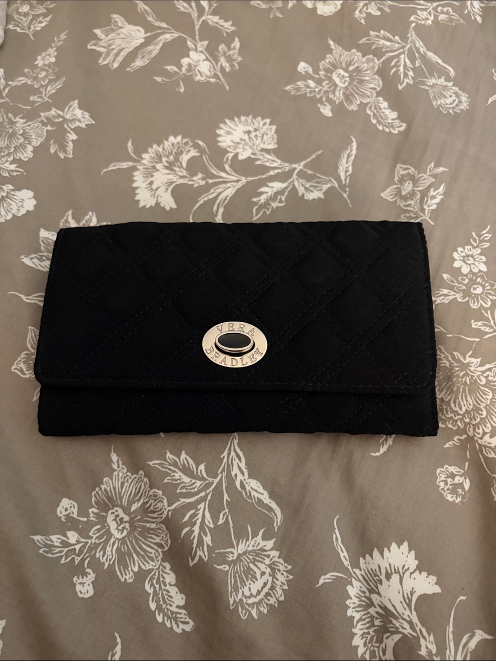 Vera Bradley Black Quilted Fold-Over Wallet with Silver Oval Turn-Lock